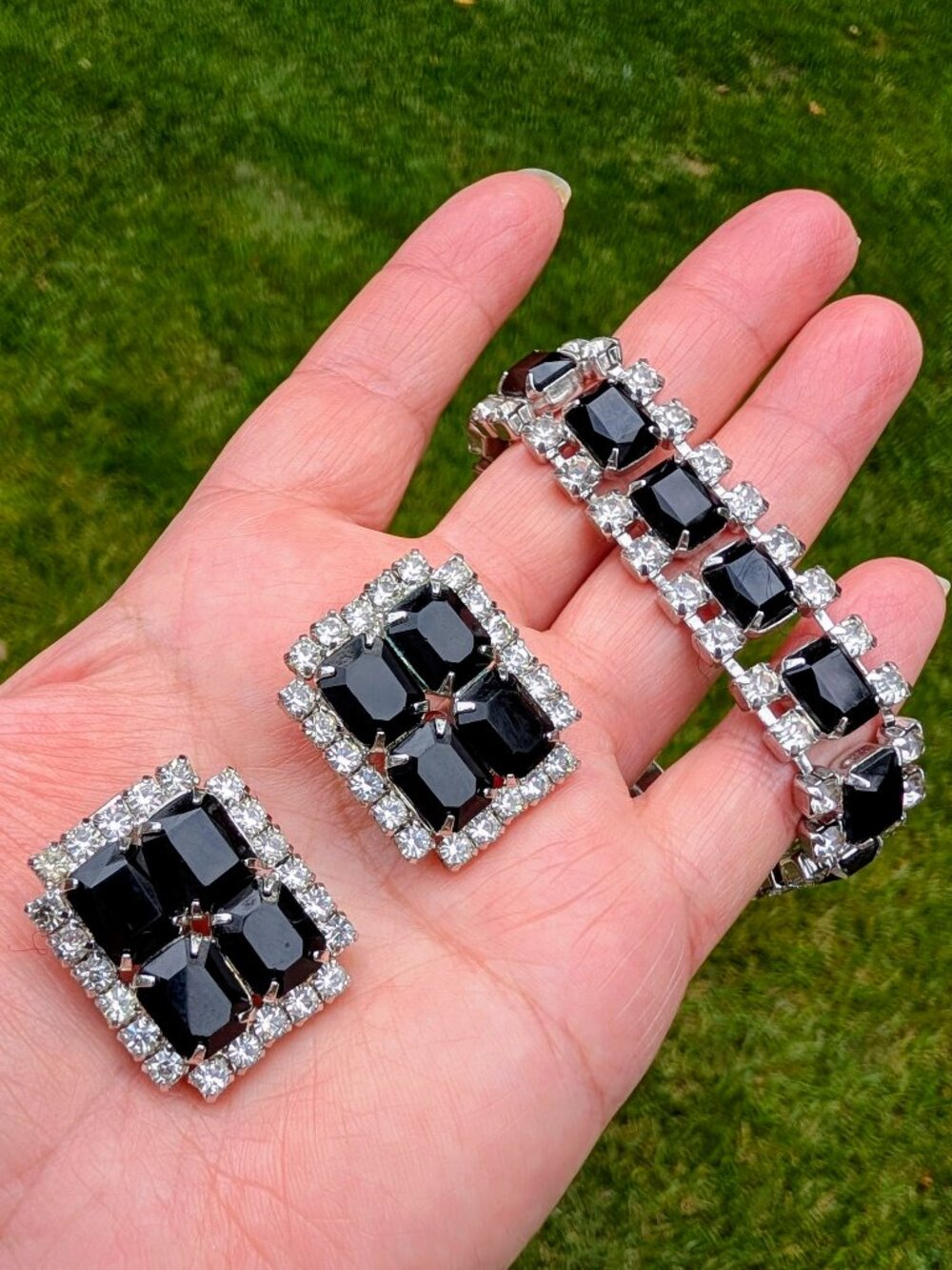 Art Deco Silver Tone Black Glass Rhinestone Statement Bracelet & Earring Set